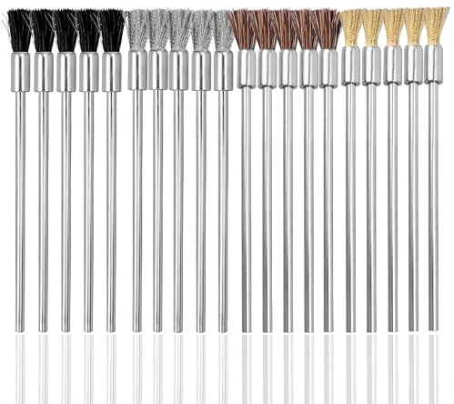 Treki 20pcs Wire Brush Set，3/32 Inch (2.38mm) Round Shank Extended Steel Wire Cleaning End Brushes Hog Bristle Wire Brush Drill Bits Brass Wire Drill Brushes Horsehair Polishing Rotary Tools for Rust