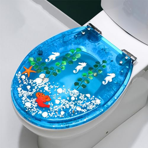 Wttfc WC-Sitz aus Transparent Harz,3D-Ozean-Serie Toilettendeckel mit Muscheln und Sand Gefüllt,Absenkautomatik Toilet Seat,Quick-Release-Funktion,V-Form Toilettensitz mit Edelstahl-Scharnier,D