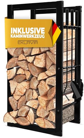 Eklavia Étagère à bois de cheminée avec serviteur de cheminée (3 pièces) – 80 x 40 x 25 cm – Étagère à bois de chauffage revêtue par pulvérisation et résistante à la rouille pour l'intérieur et