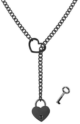 XYTDM Heart O Ring Slip Chain Choker Necklace for Women Men Stainless Steel Cuban Chain Y-shape Necklace Punk Rock Collar Adjustable Jewelry (Black lock)
