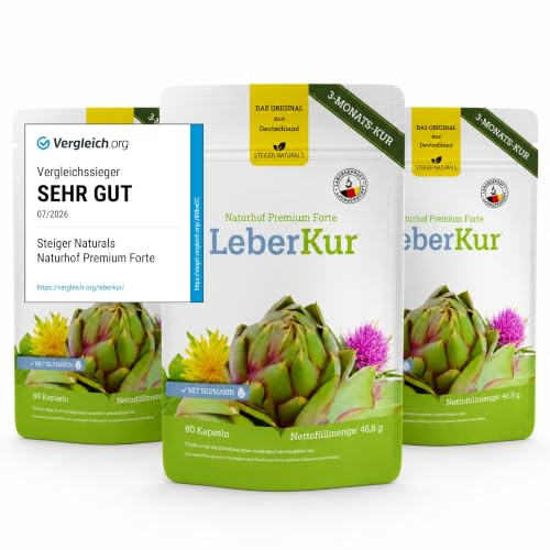 Steiger Naturals Naturhof Leber Kur Das Original – Leber Komplex mit Mariendistel (80% Silymarin), Artischocke, Löwenzahn & Cholin – vegan, 180 Kapseln, 3-Monats-Kur