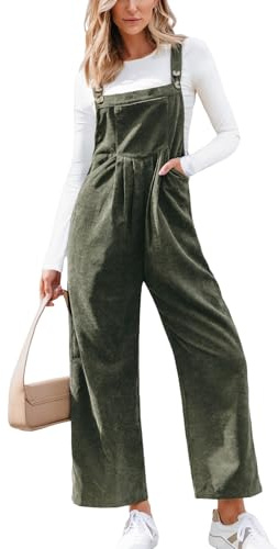 CUPSHE Mono de pana para mujer, cuello cuadrado, sin mangas, bolsillo frontal, pierna ancha, informal, para otoño, verde, S