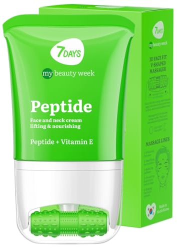 7DAYS Crema Facial y de Cuello Coreana, Péptidos, Vitamina E | Rodillo de Masaje, Crema Antiedad Reafirmante y Regeneradora, Efecto Lifting, para la Papada, 80 ml