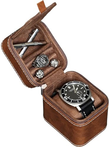 Reiseetui für Einzeluhren, kompakte PU-Leder-Schutzhülle mit Mikrovelours-Innenseite, passend für Uhren und Smartwatches bis 55 mm (Hellbraun/Braun)