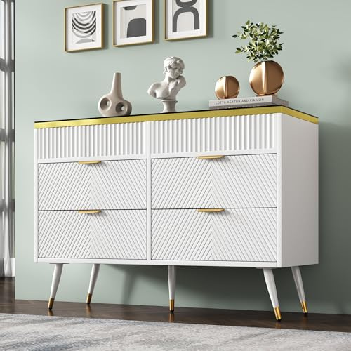Aoskem Sideboard Weiß Kommode mit Stauraum 6 Schubladen, Arbeitsplatte aus Braunglas, 120x40x76cm Buffetschrank Küchenschrank Schließfach Standschrank Anrichte Hochschrank Wohnzimmer Schlafzimmer Weiß