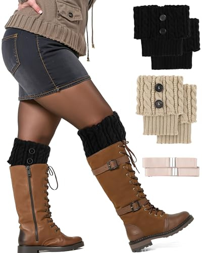 Coume 2 Pairs Women's Extra Wide Calf Boot Cuffs Plus Size Boot Toppers for Women Leg Warmer Socks Gift for Christmas Winter (5.9 Inches,Beige Black)