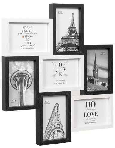 emmevi Cornice Portafoto Multipla Mosaico Legno MDF Porta Foto Parete Bianco Nero 7 Foto Da 10x15 Cm