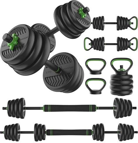Tunturi Hantelset und Kurzhanteln Vinyl 20-28 kg – Gewichte-Set mit Kettlebell und Langhantel – Liegestützgriffe – Sternverschluss 30 mm – Rutschfester Griff