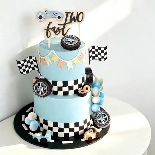 Two Fast Cake Topper Race Car Birthday Decorations Party Supplies Favors | for Racing Car Checkered Flag Birthday Party Decorations Supplies Blue