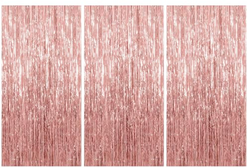 Kzouenzu Tende A Frange Per Feste [3 Pezzi], Tinsel Curtain 1 X 2 M, Shimmer Orpelli, Foil Tenda A Frange Scintillante Per Decorazioni Di Feste, Compleanni [Oro rosa]