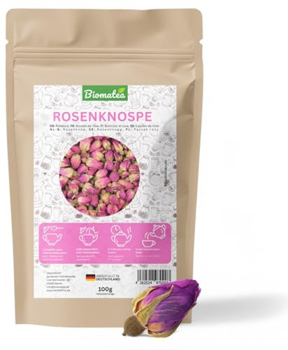 Biomatea Rosenknospen – 100 g duftende, ganze Rosenteeblüten, in Deutschland abgefüllt – Für Tee, Bad, Dekoration & mehr