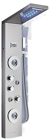 RWDAMPUW Ensemble de mitigeur de Douche thermostatique Noir Mat avec Robinet Cascade à LED, Panneau de Douche Spa, Colonne de Douche à Double poignée, expérience de Bain de Luxe (modèle 6004 Gold 1)