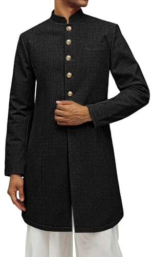 Runcati Mens Kurta Coats Indian Mandarin Collar Attire Ethnic Outfits Wedding Festive Party Clothing Casual Kaftan Robe Black