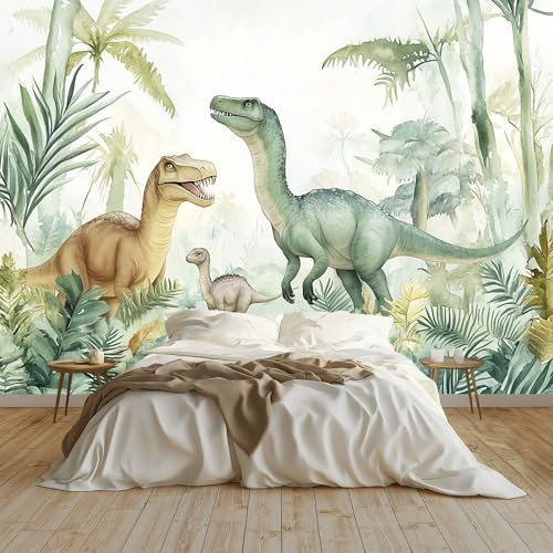 Papier Peint Panoramique Tapisserie Intissé Murales Le Monde Des Dinosaures De La Jungle, Papier Peint Enfant pour Salon Chambre Décoration Murale, Papier Peint 250x175 cm Chambre Enfant, Vert