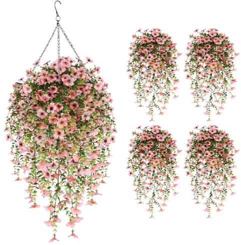 Artificial Hanging Flowers Fake Plants Outdoor, Faux Silk Violet Vine Flower for Outdoor Indoor Decor , UV Resistant Realistic Hanging Petunias Plants for Porch Home Patio Balcony Yard (4PCS, pink)