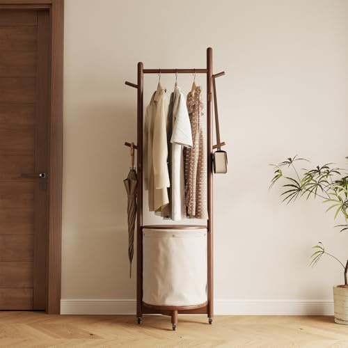 CycleCrew Solid Wood Coat Rack with Fabric Basket - Freestanding Coat Rack Rolling Coat Tree with 9 Hooks Wheels, Small Clothes Rack For Entryway Bedroom Hallway Living Room