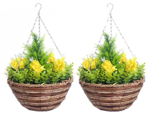 Pair Of Best Artificial Yellow Hyacinth Flowers in 10 Inch Round Woven Hanging Baskets with Eucalyptus leaves and Conifer Centre