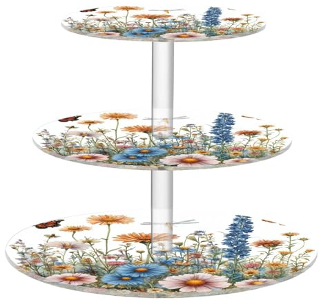 Blueangle 3-Tier Round Cupcake Stand – Colorful Herbs and Flowers Acrylic Dessert Tower, Non-Slip Tiered Dessert Stand for Baby Shower, Birthday, Wedding Party （589）