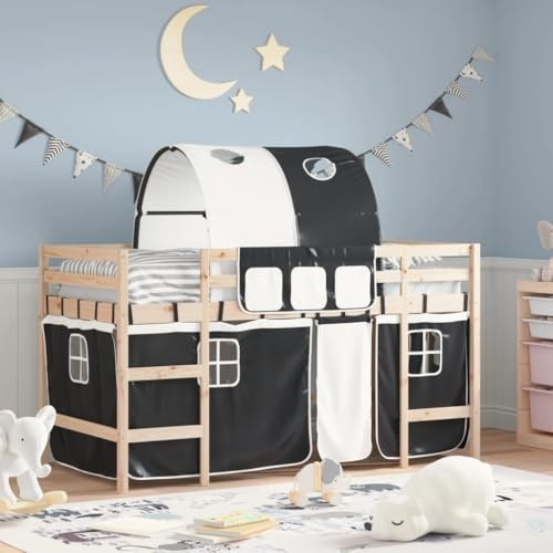 Teenpull Kinderhochbett Kiefer Massivholz Weiß & Schwarz 80x200 cm mit Tunnelzelt, Leiter, Rausfallschutz, Einzelbett für Jungen & Mädchen
