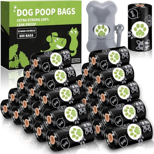 NCKIHRKK 600 Bolsas para Excrementos de Perro, 24 Rollos Bolsas Caca Perro con Dispensador - 22 x 30 cm, Elaborado con Almidón de Maíz Ecológico, 100% Prueba de Fugas Bolsitas Caca Perro, Negro