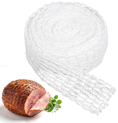 Molain Rete per prosciutto, 5 m, colore bianco, filo di cotone, per arrosti, accessori da cucina, rotolo di carne, 16 fori, rete elastica per conservare la cottura