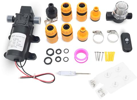 Mikjiik Pompe à membrane DC 12 V, pompe auto-amorçante avec filtre à connexion rapide, 1,2 GPM 100 PSI Pompe de pulvérisation réglable, convient pour camping-car, camping, douche, jardin