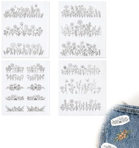 4 Stück Stickvorlagen Wasserlöslich, Selbstklebende Stickvorlage Kreuzstich, Blumen Mustern Stick Vorlagen, Stickvorlagen Wasserlöslich mit 50 Stück Glockenblumenmotiven und Kolibrimotiven