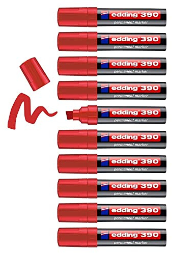 edding 390 permanent marker - red - box of 10 - wide chisel nib 4-12 mm - waterproof, quick-drying - multi-purpose marker, universal pen - for cardboard, plastic, wood, metal, glass, pebbles, canvas