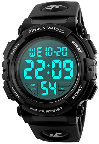 TONSHEN Digital Sport Etanche Montre Plastique Lunette et Caoutchouc Bande LED Electronique Outdoor Tactique Militaire Quartz Montres Bracelet Grand Numérique (Grand Noir)