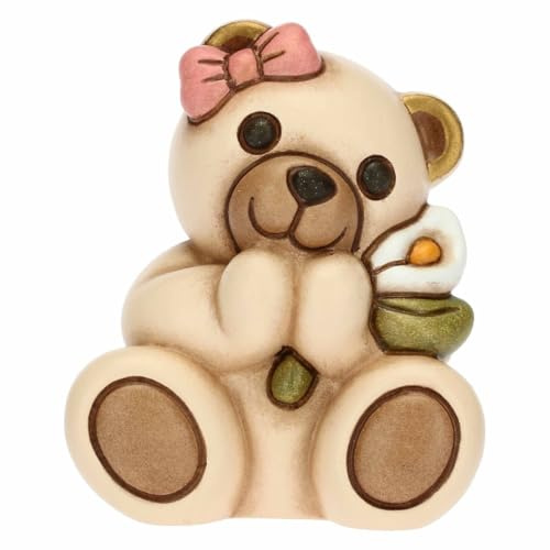 THUN, Bomboniera Prima Comunione per Lei con Iconico Teddy che Dona un Delicato Giglio in Ceramica Decorata a Mano, Linea Bomboniere, 4.9x4.2x5.7 cm h