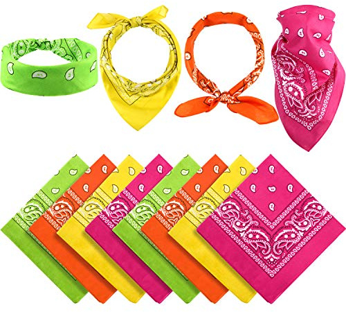 Blulu 12 Pack Unisex Neon Bandana Bulk for Men Women, Cowboy Paisley Pattern Bandanas Headband Wristband for Western Birthday(Orange, Yellow, Green, Rose Red)