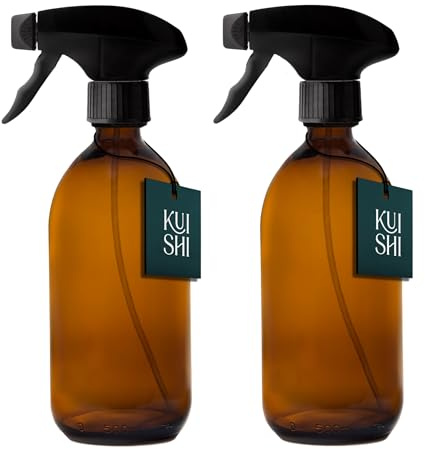 Kuishi Glass Spray Bottle - 500ml Pack of 2 Refillable Spray Bottle for Cleaning, Plants & Hair, with Black Plastic Trigger, Amber BPA-Free Water Spray Bottle for Gardening & Essential Oils