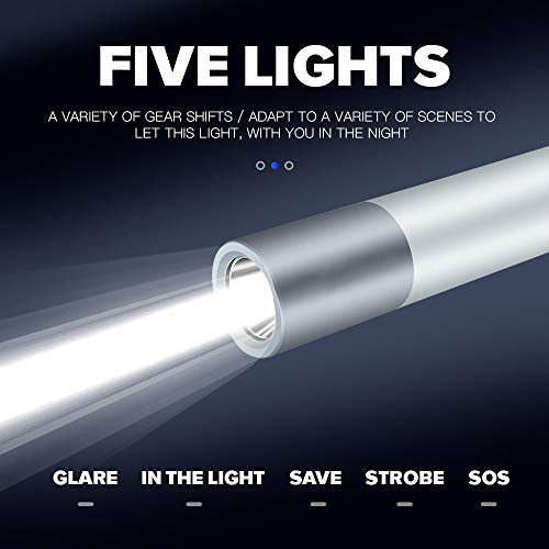 Mini lampes de poche LED Torche portable rechargeable USB avec banque d'alimentation portable Lampe de poche LED Focus pour les fournitures d'ouragan,usage domestique, 5 modes, étanche, argent