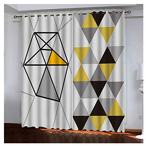Daesar Fenster Vorhänge Kinderzimmer Jugendzimmer Modern Dreieck, Schlafzimmer Verdunklungs Vorhänge Polyester 2er Set 214x160CM Gardinen Vorhang mit Ösen Motiv Blickdicht Grau Gelb