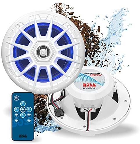 BOSS Audio Systems MRGB55W Bootslautsprecher, 13,3 cm (5,25 Zoll), wetterfest, 150 Watt pro Paar, je 75 Watt, mehrfarbige Beleuchtung, Vollbereichslautsprecher, 2-Wege, paarweise verkauft