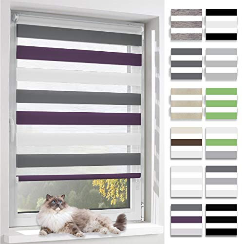 BelleMax Doppelrollo Klemmfix ohne Bohren & mit Bohren, 60x120cm(BxH), Weiß Lila Anthrazit, Duo Rollo, Sonnenschutz lichtdurchlässig Blickdicht, Klemmrollo Fensterrollo, Rollos für Fenster und Tür