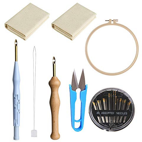 Nsiwem Stanznadel Set 37 Stück Punch Nadel Set Stickerei Stift Stickerei Pen Kit Einstellbare Stickstifte mit 26x26cm Stoff für Kreuzstich und Stickrahmen 20cm zum DIY Nähen Stickerei