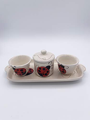 Amarcord Set Caffè 2 tazzine con zuccheriera in ceramica fatto e dipinto a mano con disegno di coccinelle