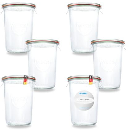 flaschenbauer.de Weck - Lot de 6 bocaux à bijoux de 3/4 l - 850 ml - Conviennent comme pot à confiture, à provisions, à conserve