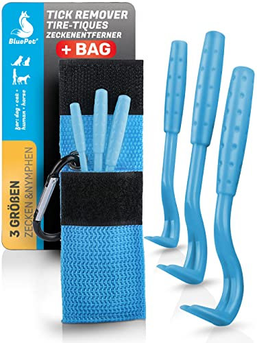 BluePet 3X Tire Tique pour Chiens, Chats et Humains, avec Pochette de Rangement, Crochet à tiques pour enlever Les tiques sans Douleur I Retireur de tiques I Pince à Tique pour Chien et Chat