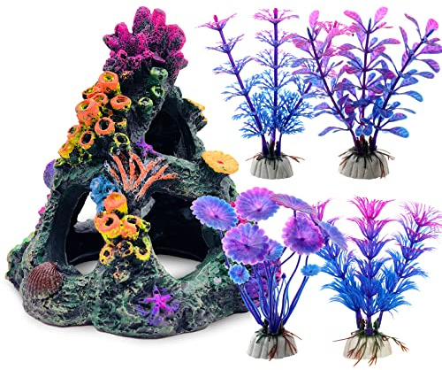 GSD Aquarium Colorful Coral Reef Set Fish Tank Decoration Mountain Ornament for Aquarium Environments Decor Accessories, Coral Mountain x 1, Aquatic Plant x 4