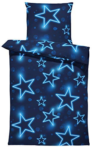 one-home Bettwäsche Mikrofaser Garnitur Bettbezug modern viele Muster Kinderbettwäsche mit Reißverschluss, Farbe:Sterne blau, Größe:2 teilig 135x200 cm