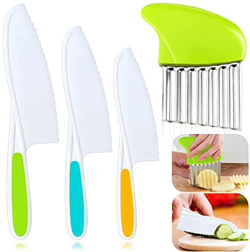 TAORISH Juego de 4 cuchillos para niños, cuchillo de cocina para niños con cortador arrugado, bordes dentados, cuchillo de chef de plástico para cocinar y cortar pan de frutas
