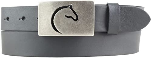 BELTINGER Kinder-Gürtel für Reiter mit Pferdekopf-Gürtelschnalle aus Vollrindleder 3 cm | Reiter-Gürtel 30mm für Reithose | mit Pferde-Motiv | Dunkelgrau 75cm