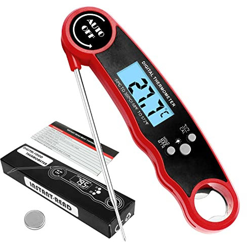 VIPITH Meat Thermometer,Waterproof Ultra Fast Instant Read Digital Meat Thermometer,with Folding Probe and Backlight LCD for Cooking Food Candy, BBQ Grill, Liquids,Beef,Fry (Red)