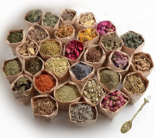 Getrocknete Kräuter für Hexereibedarf und Werkzeuge – 30 Wicca-Kräuter zum Schutz, Kräutermagie, Zaubersprüche, Wicca-Altarbüter – Kristalllöffel im Lieferumfang enthalten