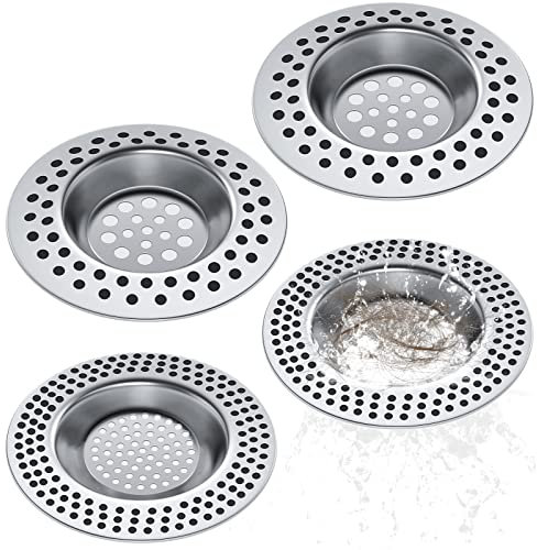 Realure 4 Pezzi Filtro Scarico Lavandino in Acciaio Inox, Ø 73mm Esterno Ø 30mm Interno, 90 Fori Bagno Cucina Sink Strainer, 2 Misure Raccogli Capelli Doccia Protezione