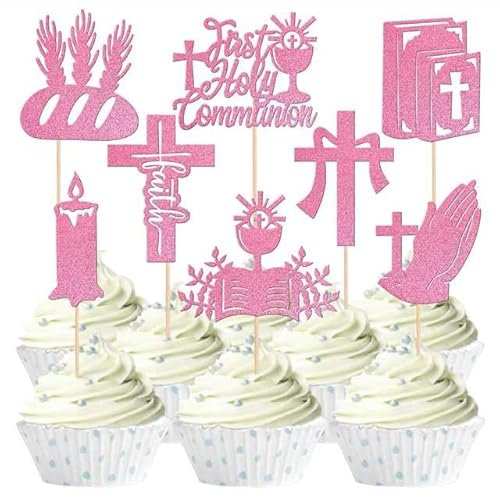 24 Stück Erste Heilige Kommunion Tortendeko Glitter Kreuz Bibel Cupcake Toppers Engel Gott segnen Cupcake Picks Kuchen Deko für Erste Kommunion Taufe Religion Thema Geburtstag Party Supplies Blau