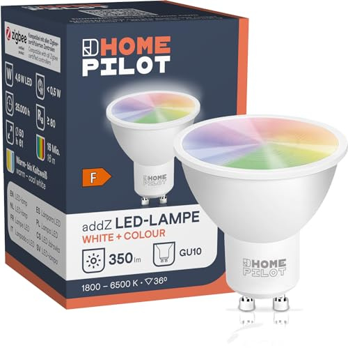 HOMEPILOT addZ GU10 White + Colour LED Lampe, ZigBee 3.0 Smart Home Leuchtmittel (Alexa, Google Assistant uvm. kompatibel), 4,8W, 350lm, 36°, RGBW mehrfarbig, Kaltweiß bis Warmweiß (dimmbar via App)