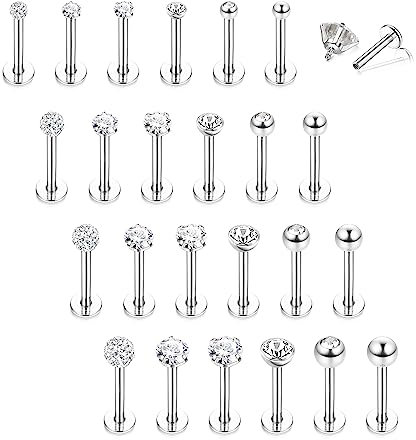 LOLIAS 24 Stück 16G Ohr Piercing Lippenpiercing Labret Stecker Set Helix Piercings Chirurgenstahl Labret Piercing Nasenpiercing Tragus Knorpel Piercing Stern Herz CZ Helix Piercing Ohrringe